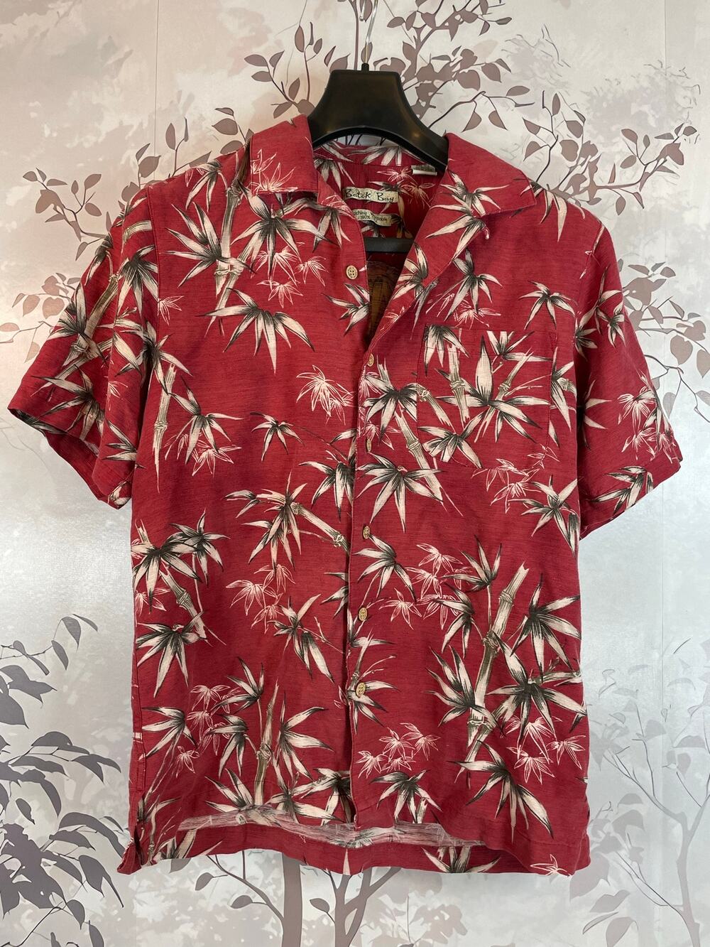 Batik Bay Mens S 100% Washable Silk Hawaiian Shirt Red Bamboo Tropical Button Up